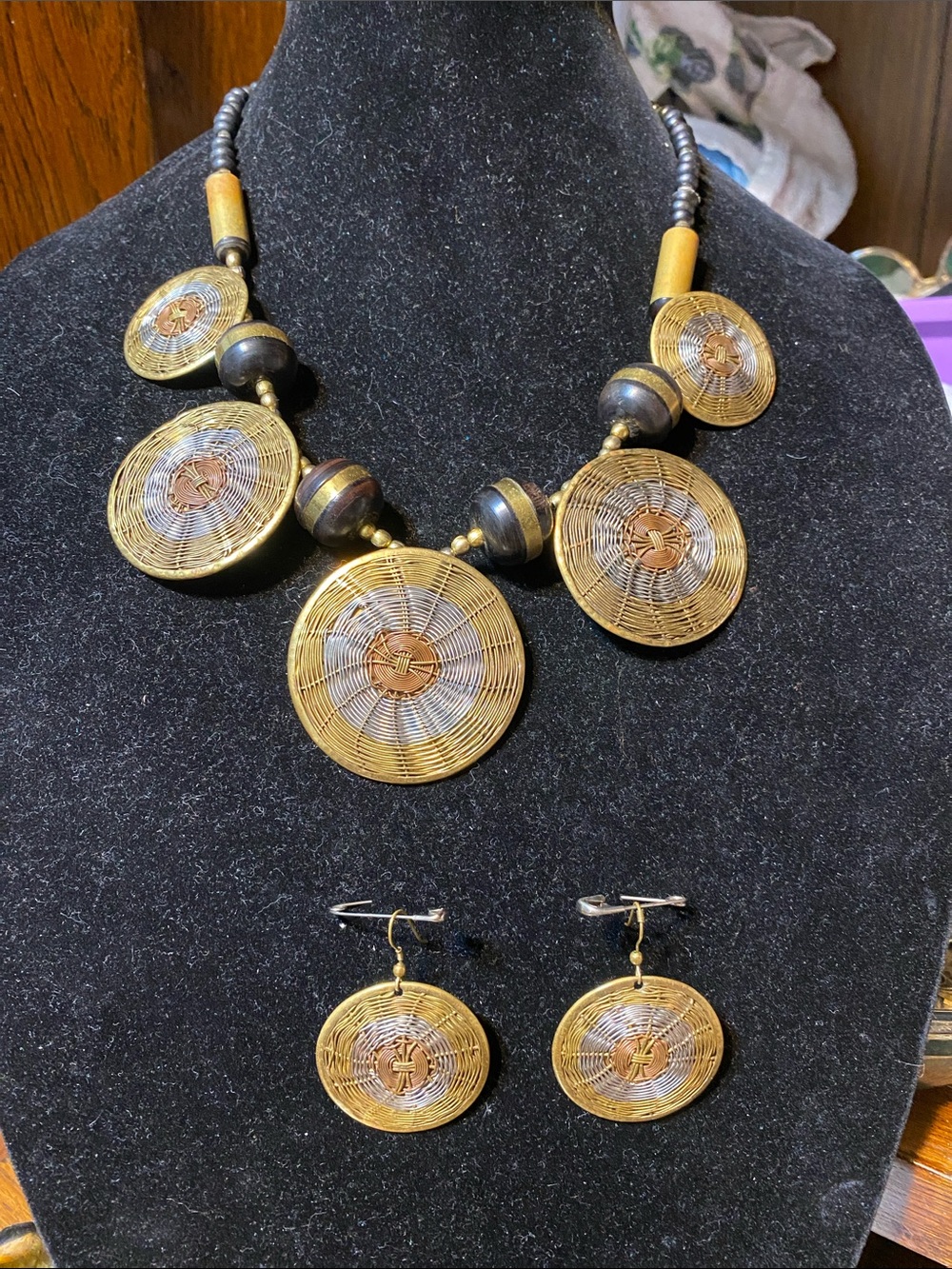 Vintage boho tri color wire weaved beaded statement Necklace & earrings set